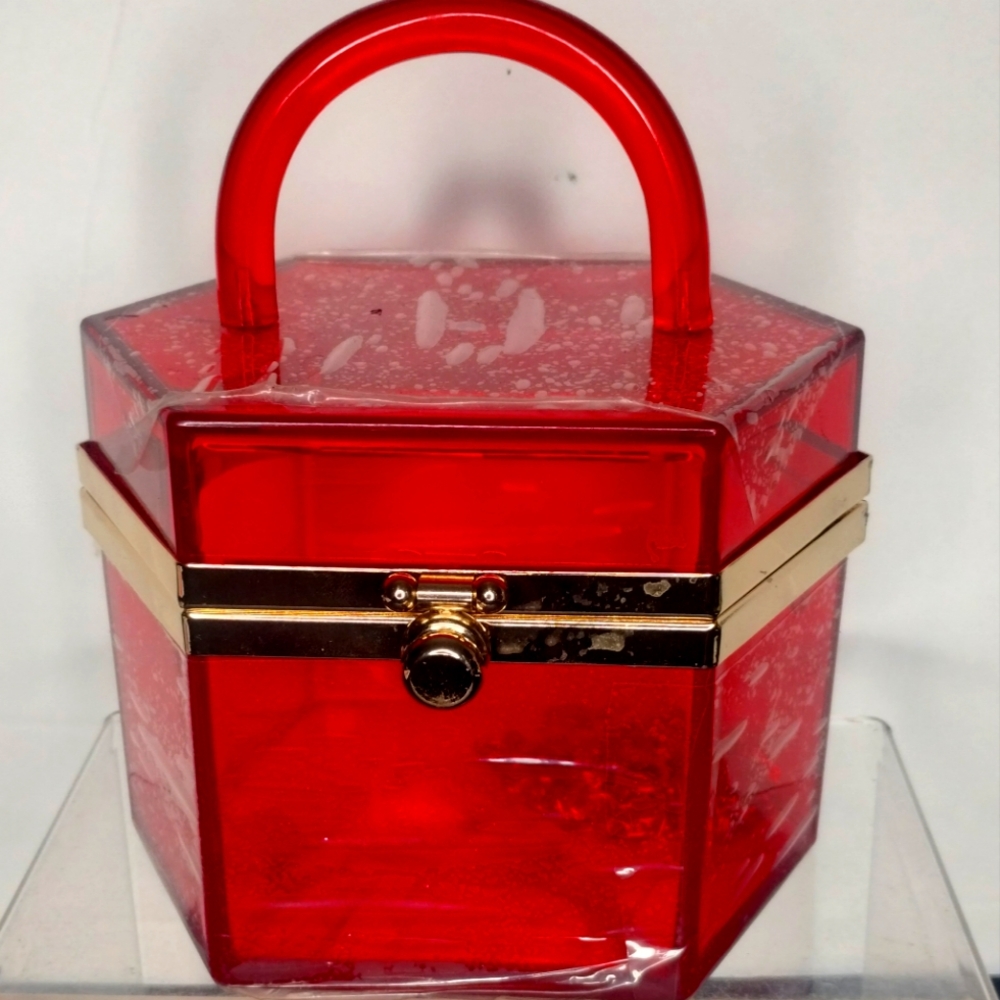 Acrylic Hexagon Top Handle Bag in Red and Gold